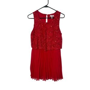 Holiday Red Lace Sequin Mini Dress XL Fit & Flare Pleated Cocktail